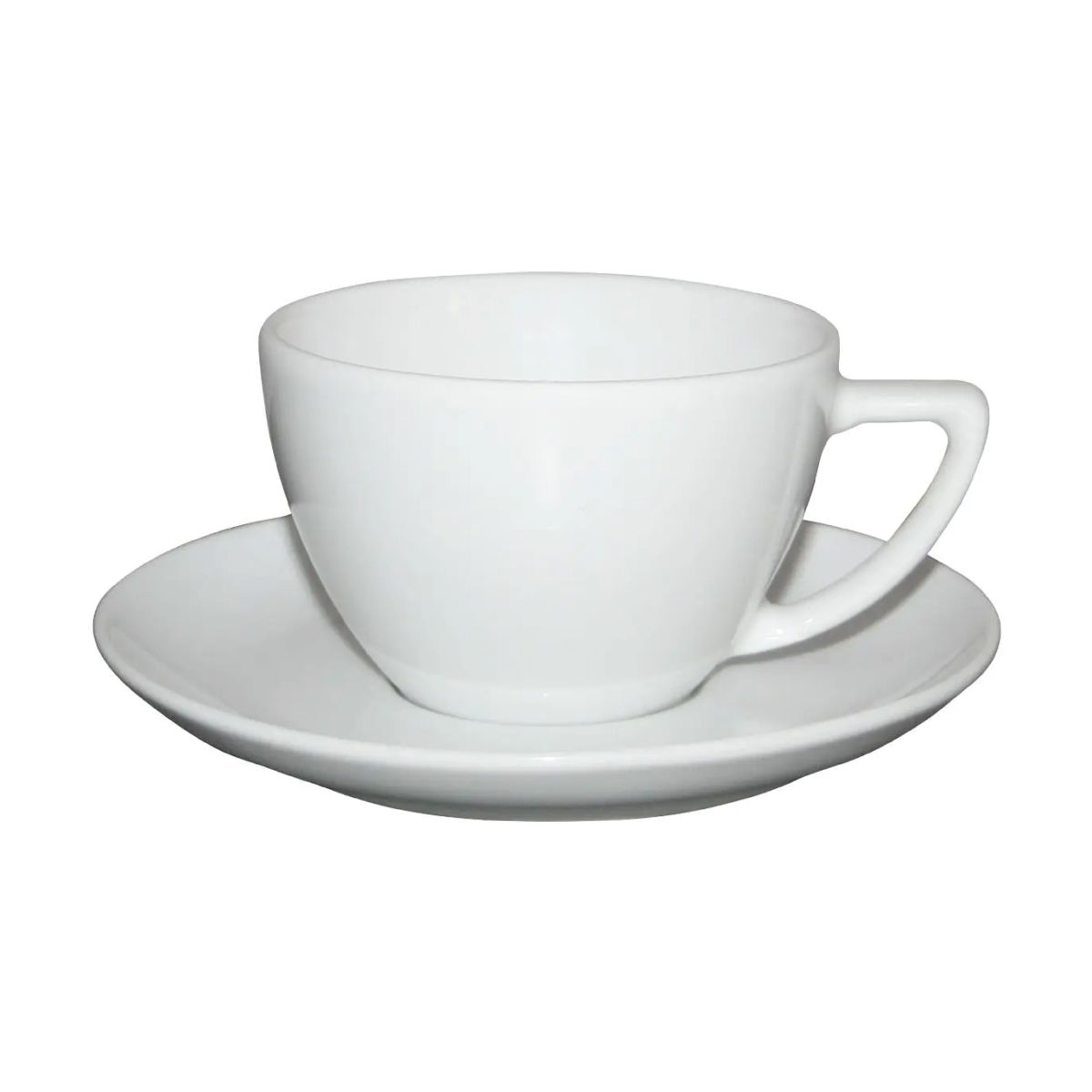 Klassisches Cappuccino SET aus weißem Porzellan mit einem Fassungsvermögen von 20 cl, in Frontalansicht dargestellt. Klassisches Cappuccino SET aus weißem Porzellan mit einem Fassungsvermögen von 20 cl, in Frontalansicht dargestellt.