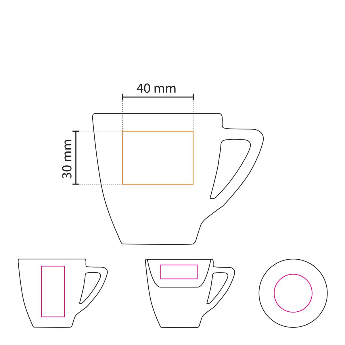 Die technische Arbeitszeichnung zeigt die Druckfläche für den Logoaufdruck auf der Classic Coffee cup white 15 cl.
