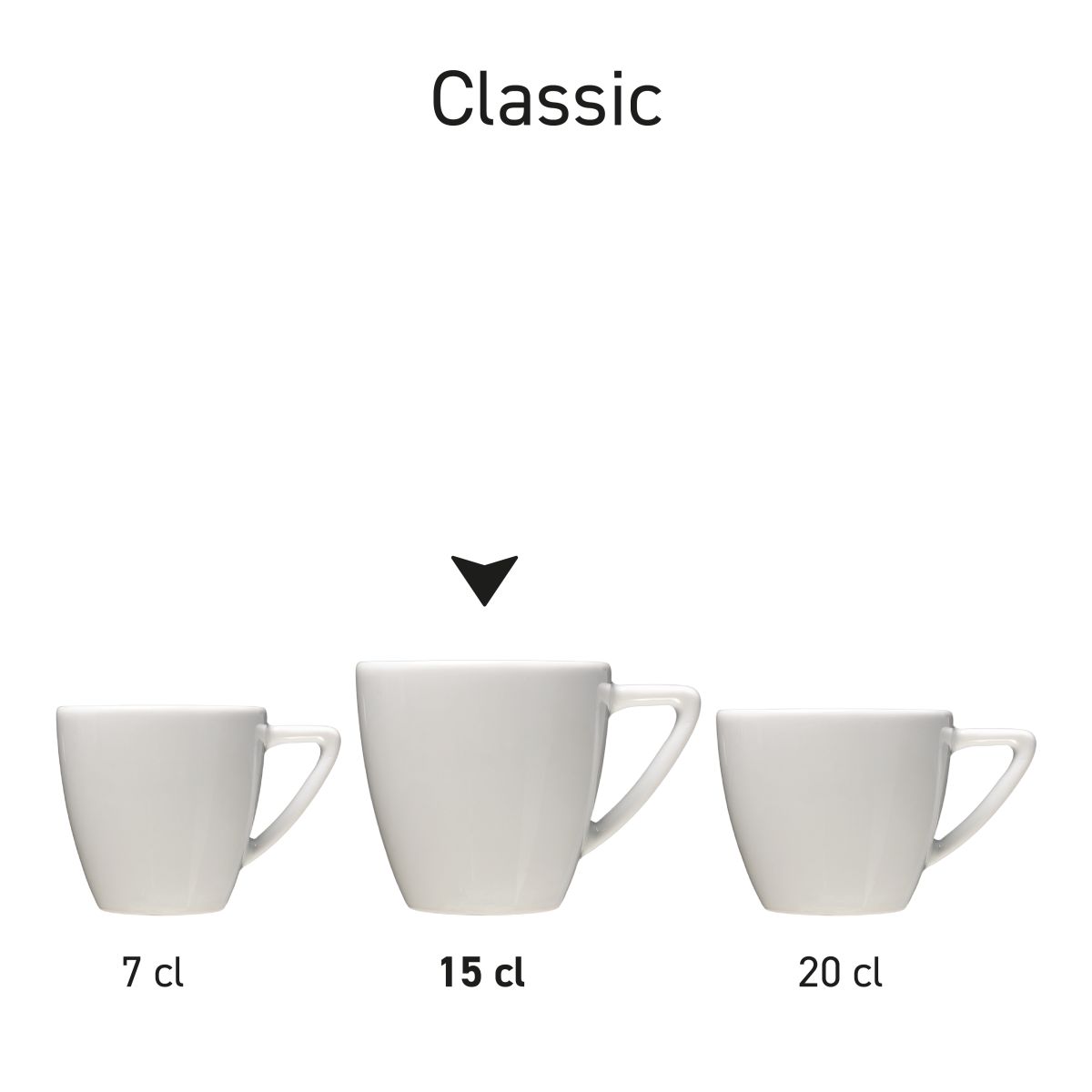 Übersicht über mehrere weiße Classic Coffee Tassen, die in einer Reihe präsentiert werden.