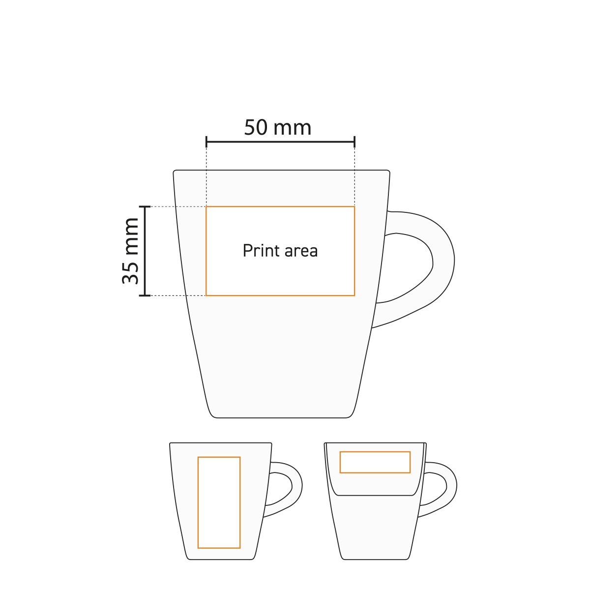 Technische Arbeitszeichnung mit Druckfläche für den Logodruck auf dem Cynthia-Becher aus weißem 25-cl-Porzellan.