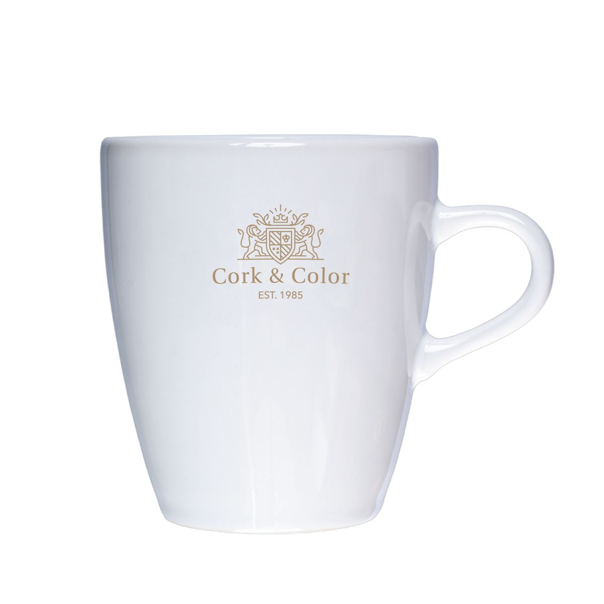 Cynthia Tasse Weiß 25 cl. mit gedrucktem CorkColor Logo in einer Farbe auf der Vorderseite des Bechers.