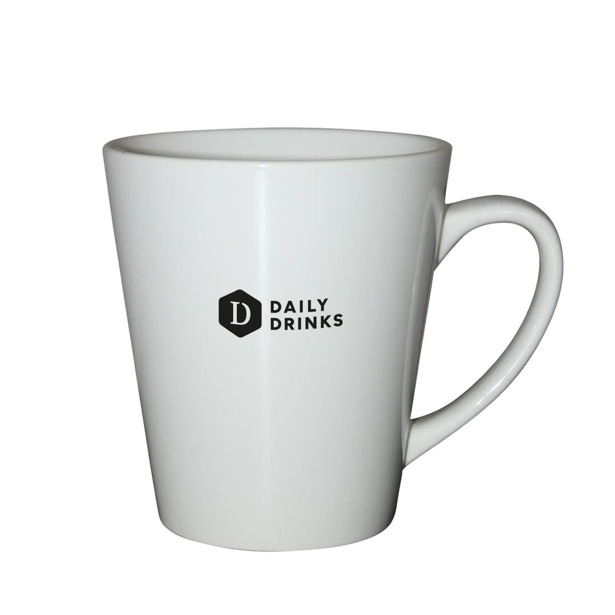 Vorderseite des Delta-Bechers 30 cl Porzellan mit mehrfarbig aufgedrucktem DailyDrinks-Logo.