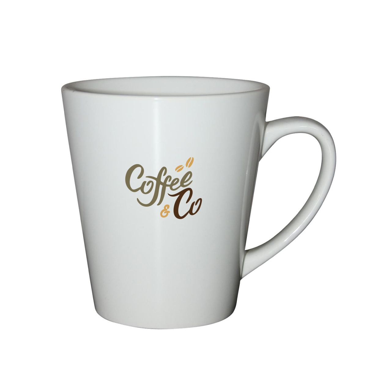 Delta Becher 30 cl. Porzellan Vorderansicht mit schwarzem CoffeeCo Logo in einer Farbe auf der Vorderseite.