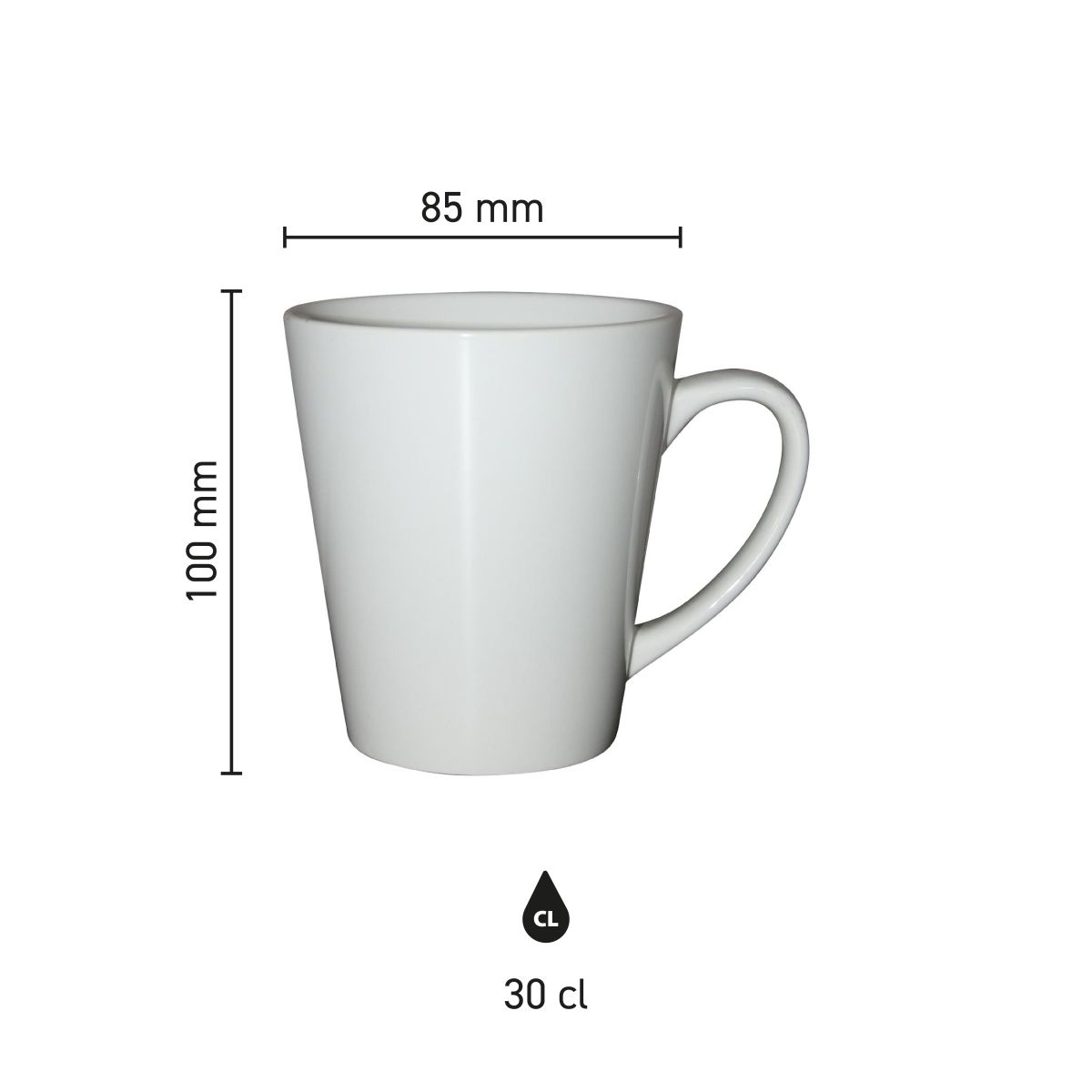 Infografik von Delta Becher 30 cl Porzellan mit Produktabmessungen in Höhe und Durchmesser.