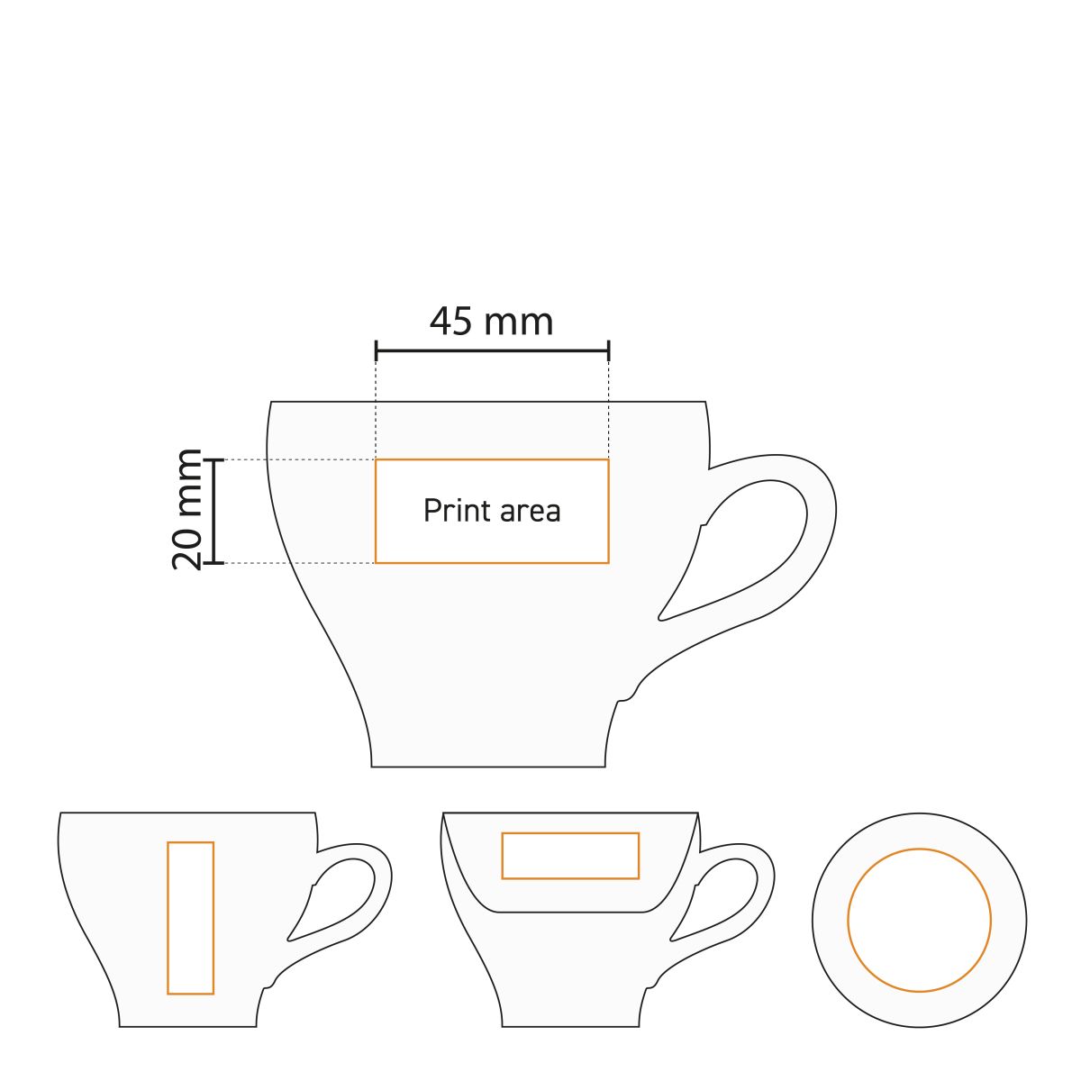 Arbeitszeichnung mit schematischer Darstellung der Druckfläche für den Logoaufdruck auf dem Becher.