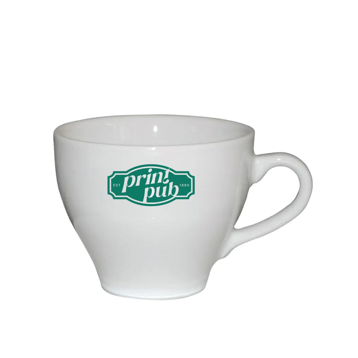 Dom Cappuccino Tasse weiß 20 cl. mit PrintPub Logo in einer Farbe auf der Vorderseite.