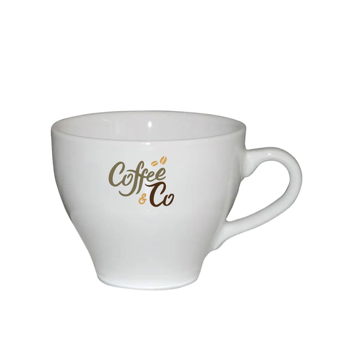 Porzellan Dom Cappuccino Tasse weiß 20 cl. mit mehrfarbigem CoffeeCo Logo auf der Vorderseite.