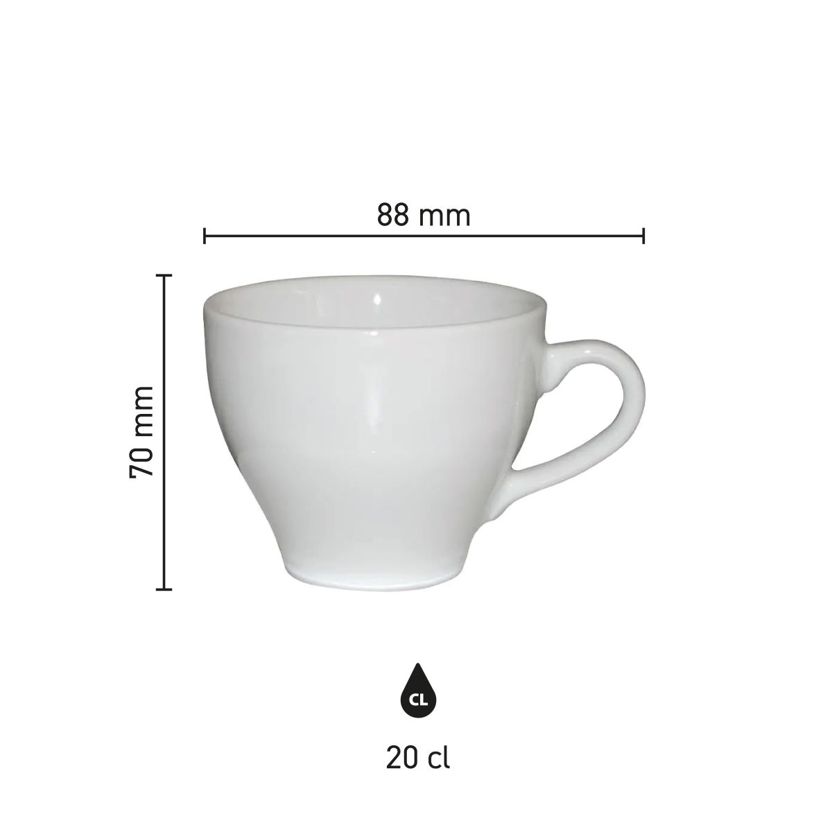 Die Infografik zeigt die technischen Abmessungen der Dom Cappuccinotasse weiß 20 cl. in Millimetern.