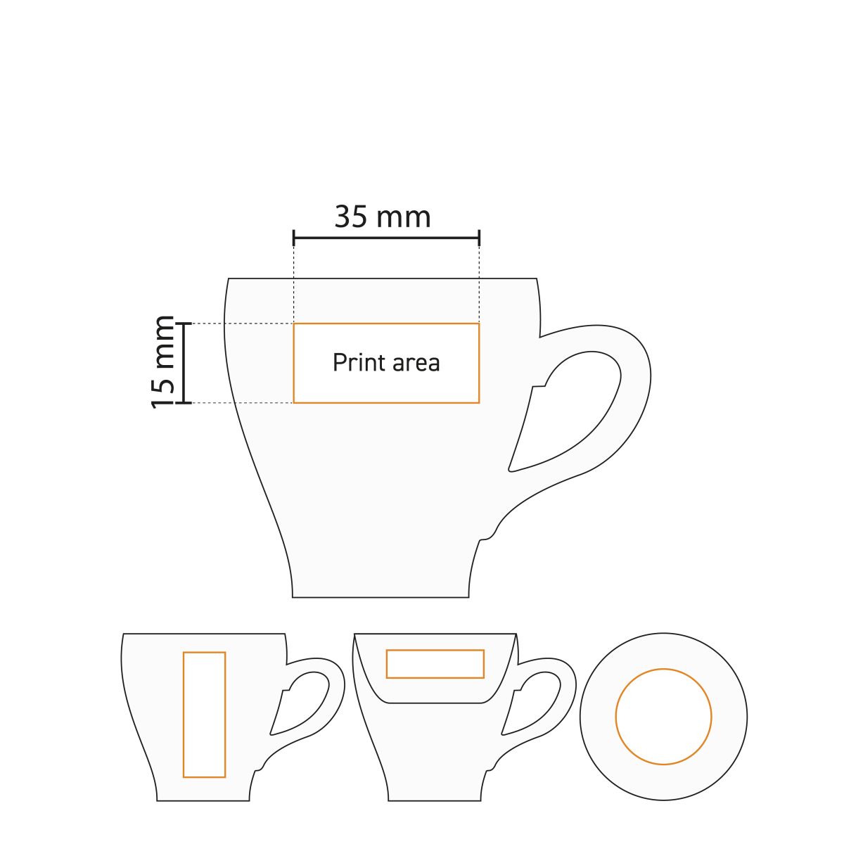Detaillierte Arbeitszeichnung mit Druckfläche für Logoaufdruck auf Dom Espressotasse 8 cl.