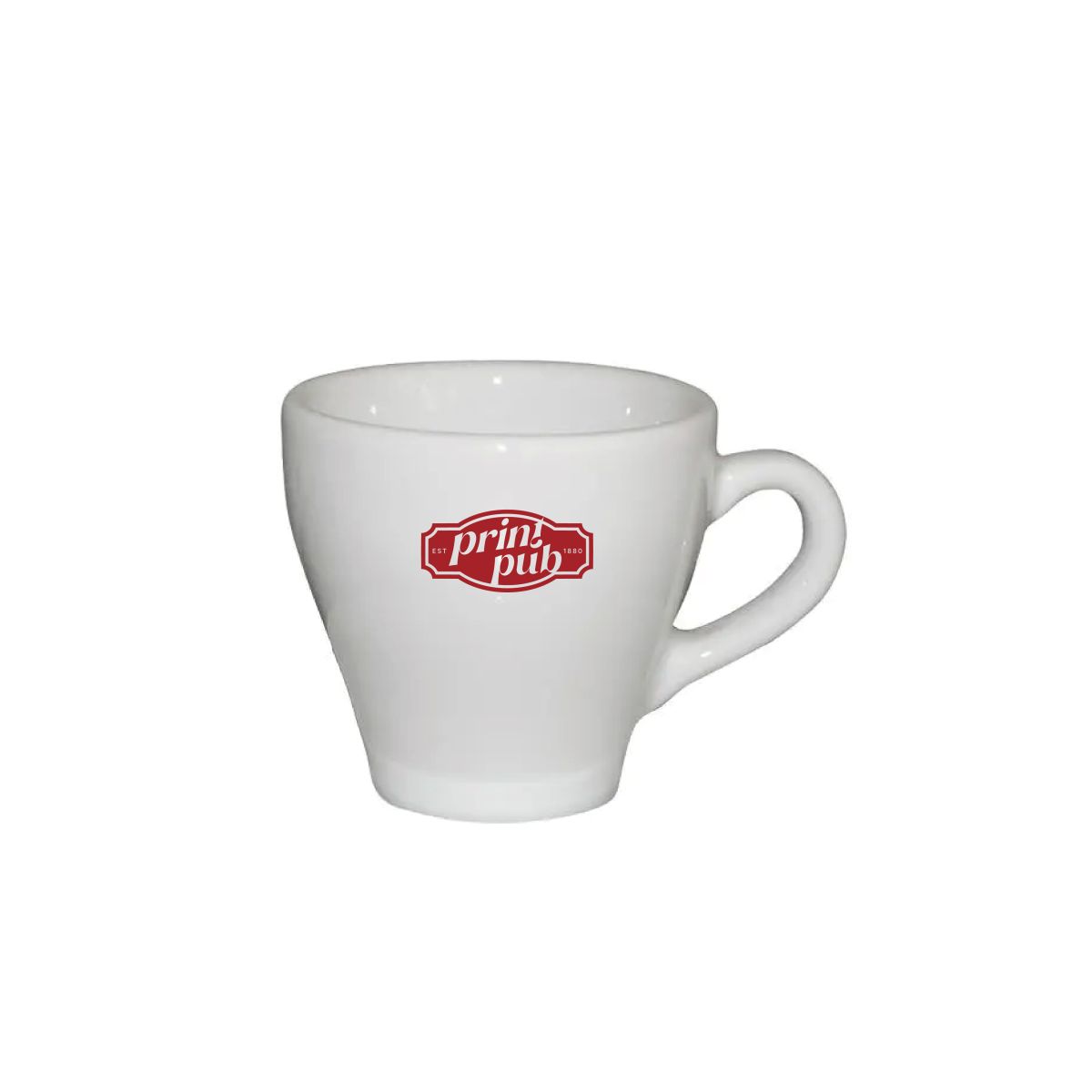 Dom Espresso Tasse weiß 8 cl. mit PrintPub-Logo in einer Farbe auf der Vorderseite der Tasse.