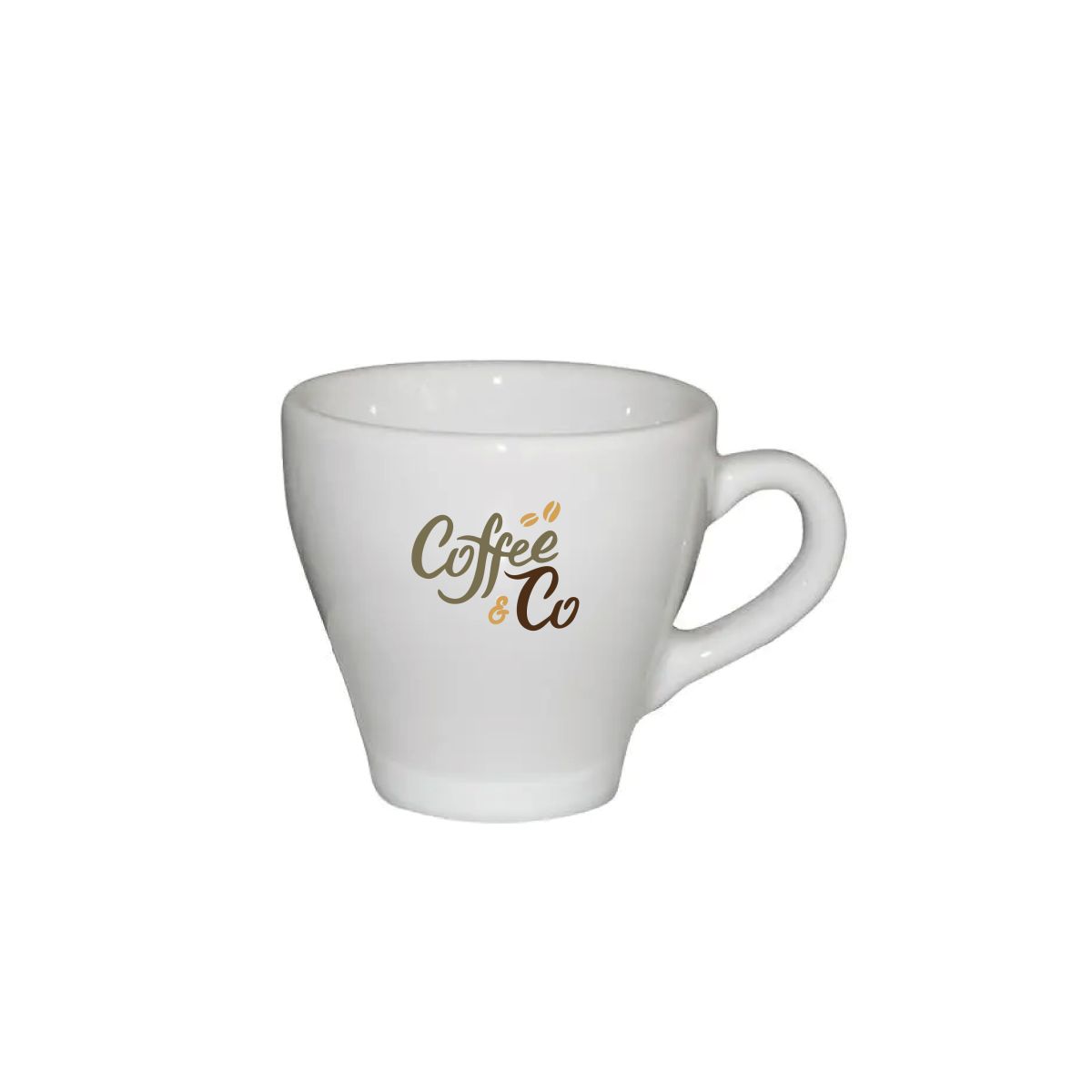 Porzellan Dom Espresso Tasse 8 cl. mit mehrfarbigem CoffeeCo Logo auf der Vorderseite.