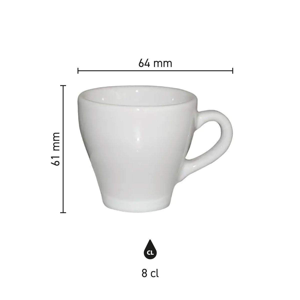 Die Infografik zeigt die technischen Abmessungen der Dom Espresso Tasse weiß 8 cl. in Millimetern.