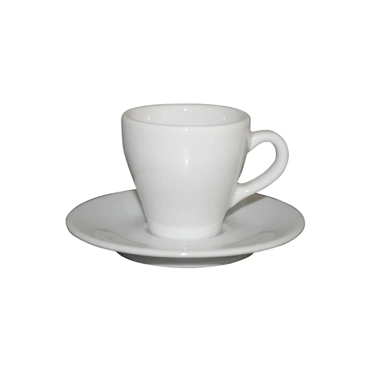 Porzellan Dom Espresso Weiß set 8 cl., geradeaus fotografiert mit Tasse und Untertasse aus dem Set.