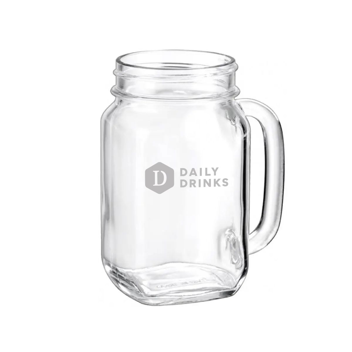 Vorderansicht des Drink Jar 48 cl mit eingraviertem DailyDrinks-Logo in der Glasoberfläche.