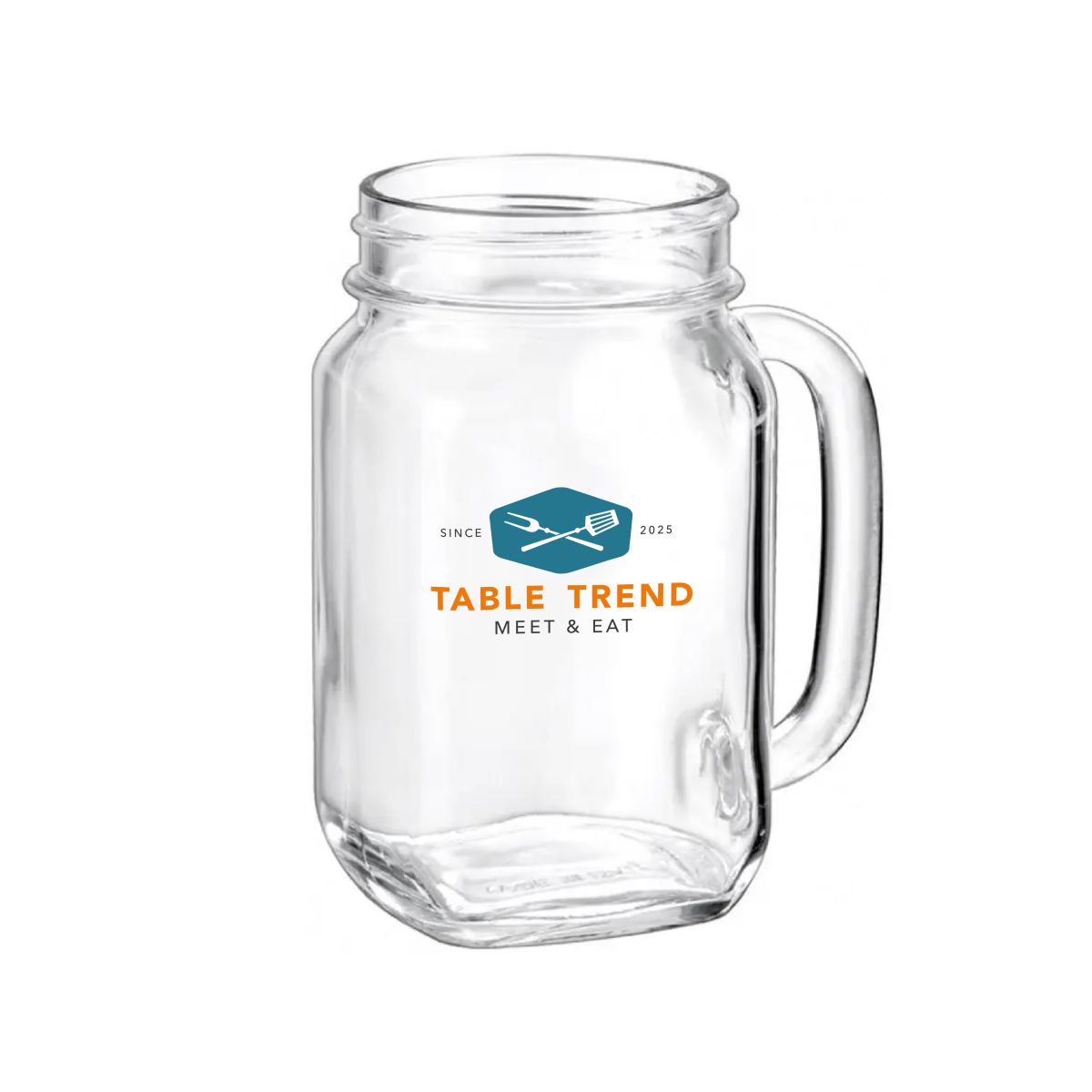 Drink Jar Country 48 cl bedruckt mit buntem TableTrend Logo auf der Vorderseite des Glases.