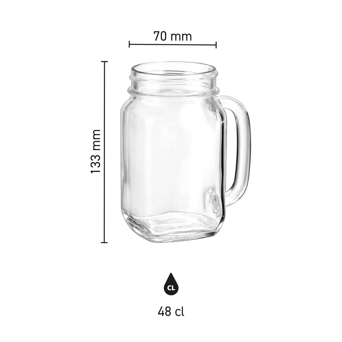 Technische Infografik mit den Abmessungen des Trinkgefäßes 48 cl. in Höhe, Breite und Fassungsvermögen.