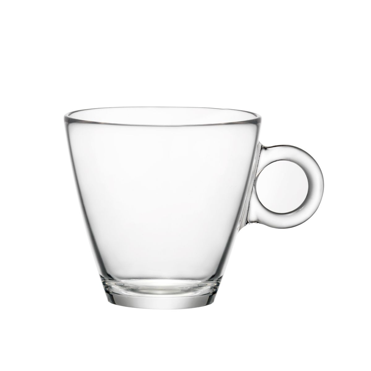 Vorderansicht der Easy Bar Cappuccinotasse 23 cl, transparentes Glas mit breitem oberen Rand und glatter Oberfläche. Vorderansicht der Easy Bar Cappuccinotasse 23 cl, transparentes Glas mit breitem oberen Rand und glatter Oberfläche.