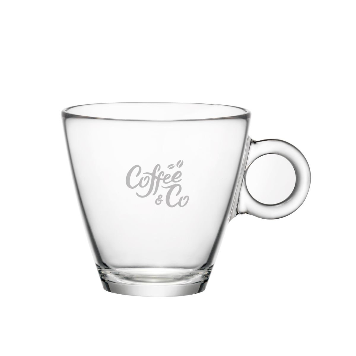 Gravur des CoffeeCo Logos auf der Vorderseite der Easy Bar Cappuccino Tasse 23 cl. sichtbar im Klarglas.
