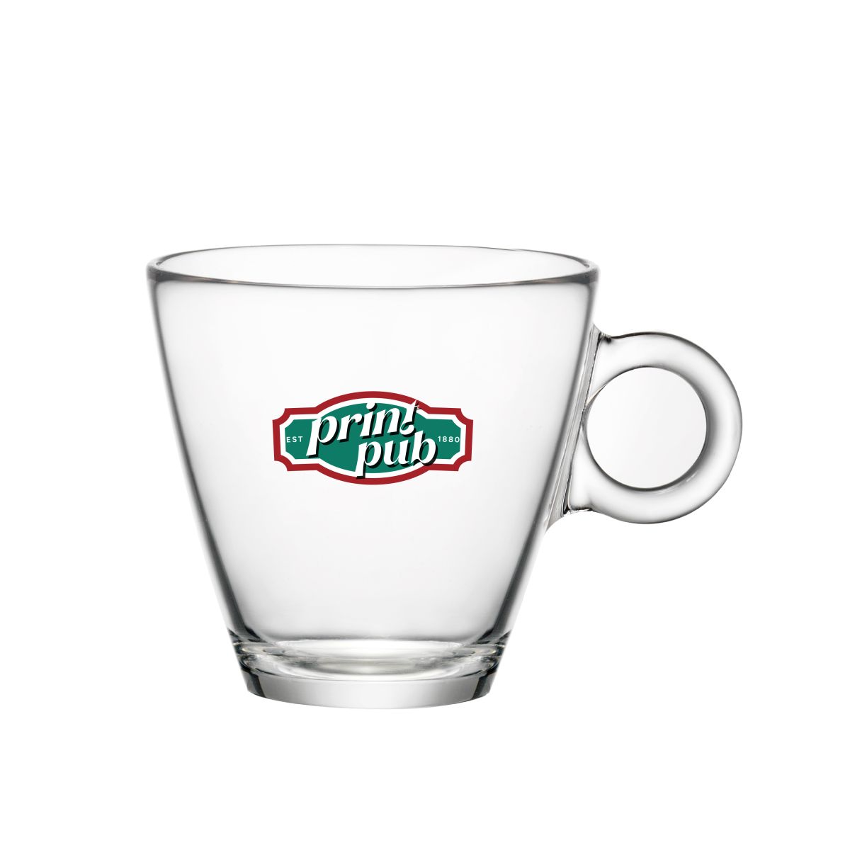 Easy Bar Cappuccinotasse 23 cl. mit mehrfarbigem PrintPub-Logo auf der Vorderseite des Glases.