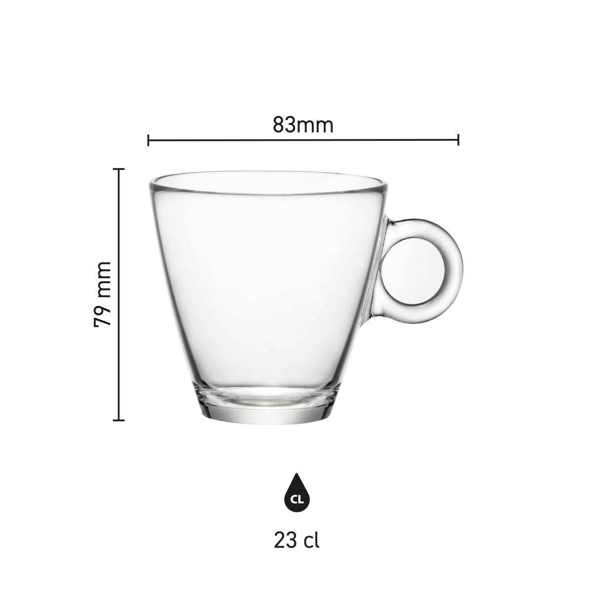 Technische Zeichnung mit Druckfläche und Logoposition der Easy Bar Cappuccinotasse 23 cl aus Glas