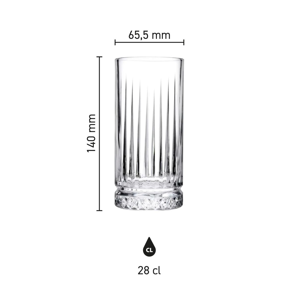 Die Infografik zeigt die Produktabmessungen des Elysia Longdrink 28 cl.