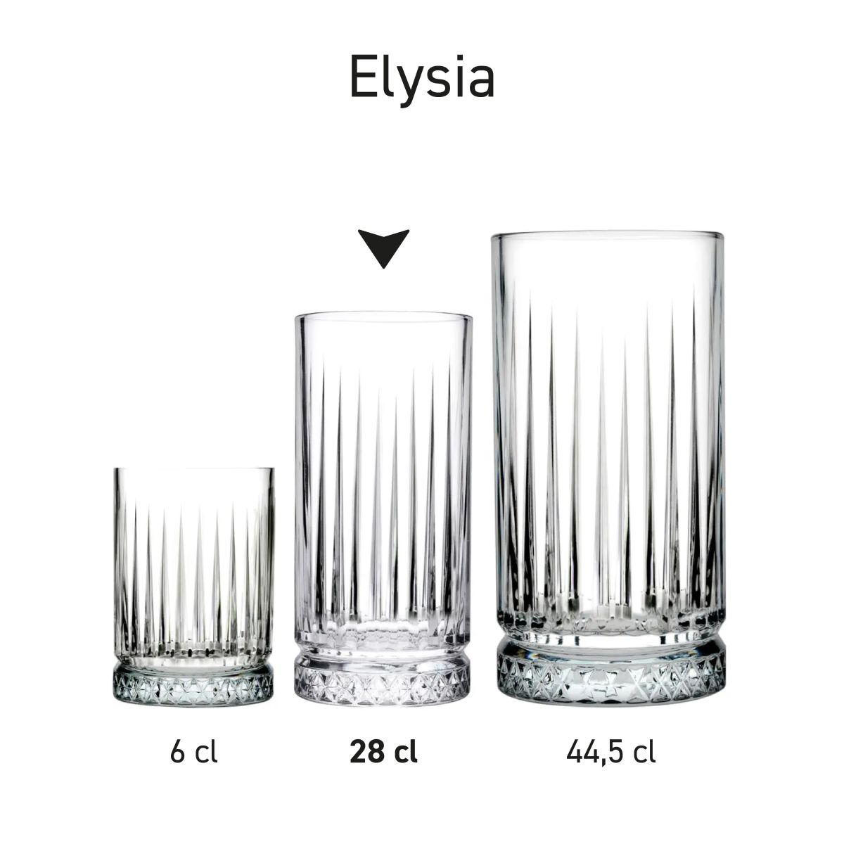 Serie von Elysia Longdrinkgläsern 28 cl. in verschiedenen Zusammensetzungen und Winkeln.