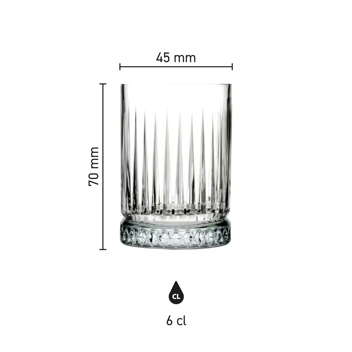 Die Infografik zeigt die Produktabmessungen des Elysia Shotglas 6 cl.