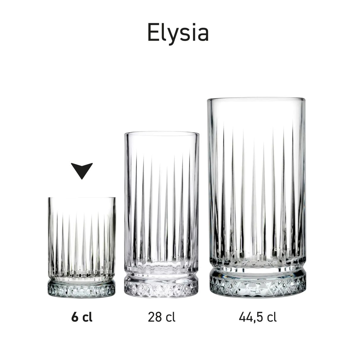 Serie Elysia Shot-Gläser 6 cl. nebeneinander gezeigt in Vielfalt und Größe.