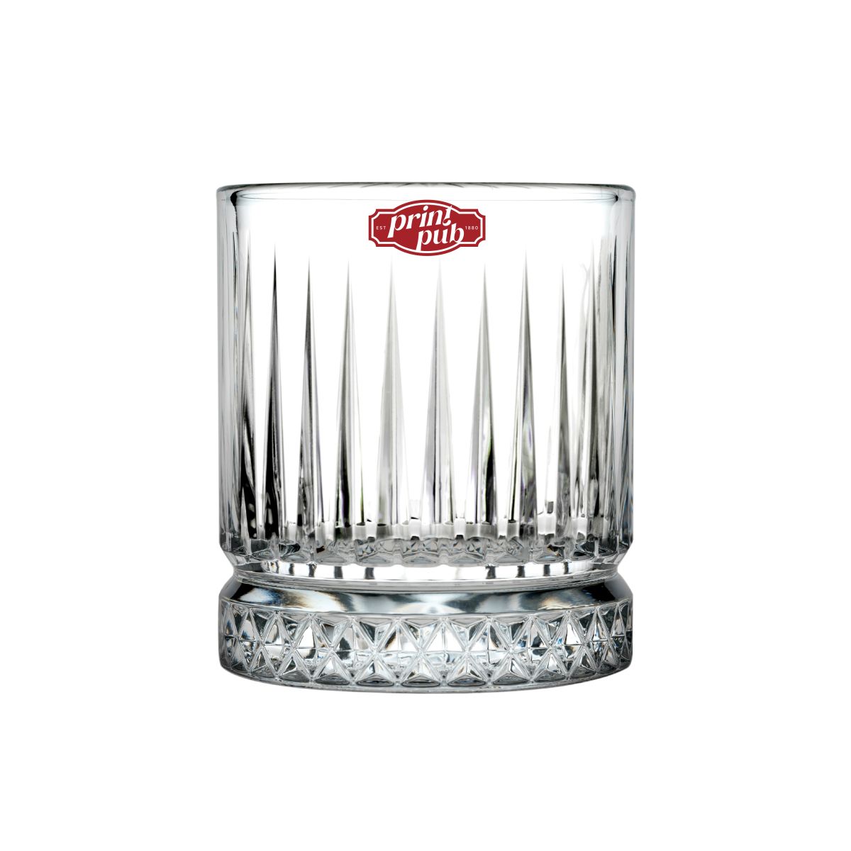 Einfarbiger Druck des PrintPub-Logos auf der Vorderseite des Whiskyglases.
