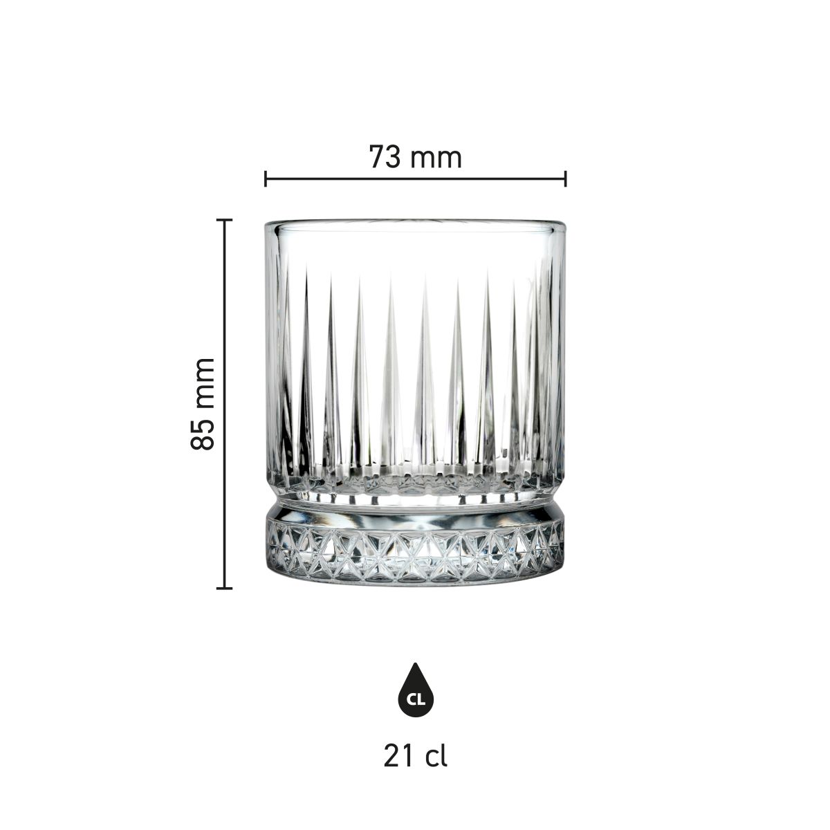 Die Infografik zeigt übersichtlich und schematisch die Produktabmessungen des Elysia Whiskyglases 21 cl.