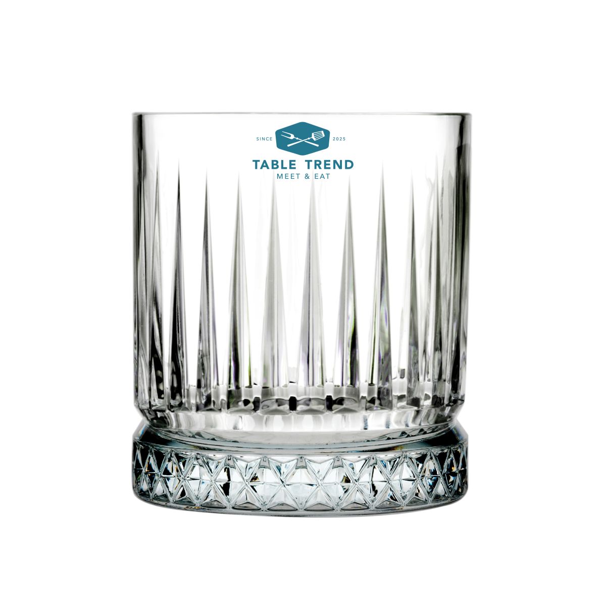 Whiskyglas 35,5 cl. mit blauem TableTrend Druck auf der Vorderseite.