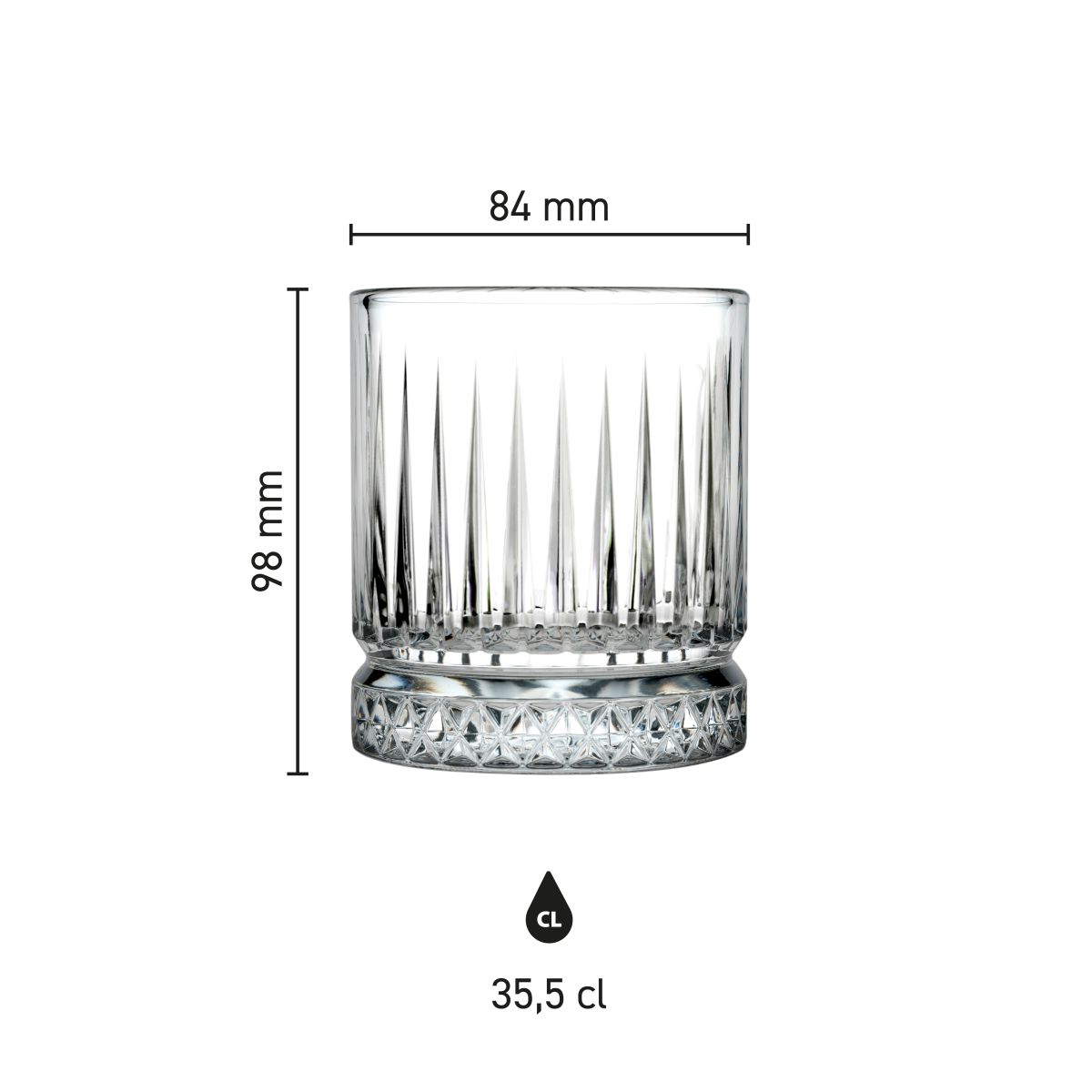 Infografik mit den technischen Abmessungen des Elysia Whiskyglases 35,5 cl.