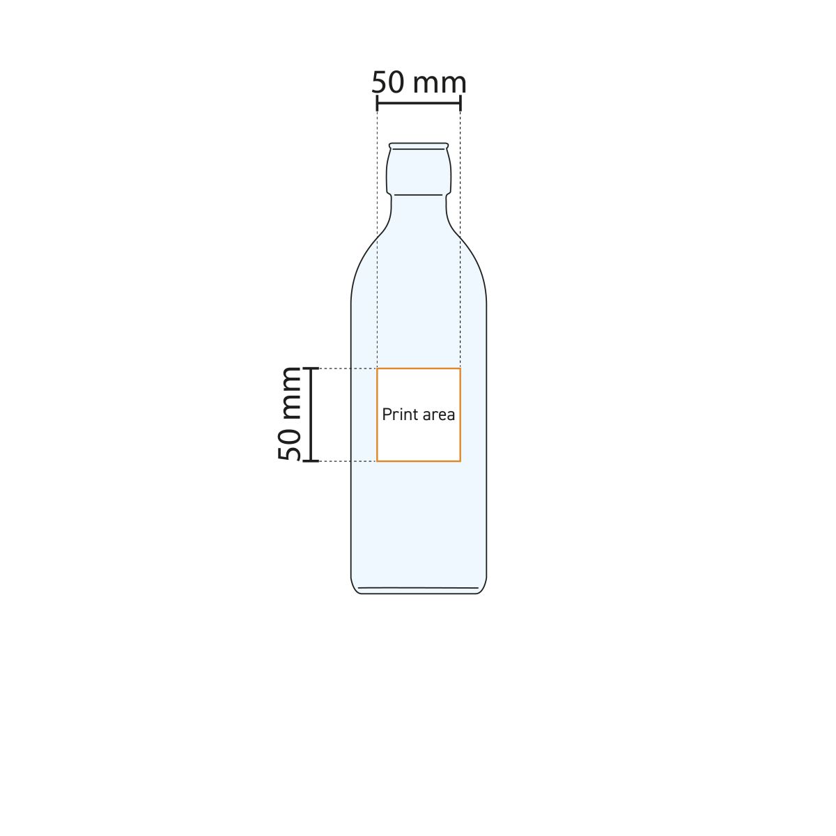 Anzeige der Druckfläche der Emilia-Flasche 0,5 Liter mit markierter Fläche für den Logodruck.