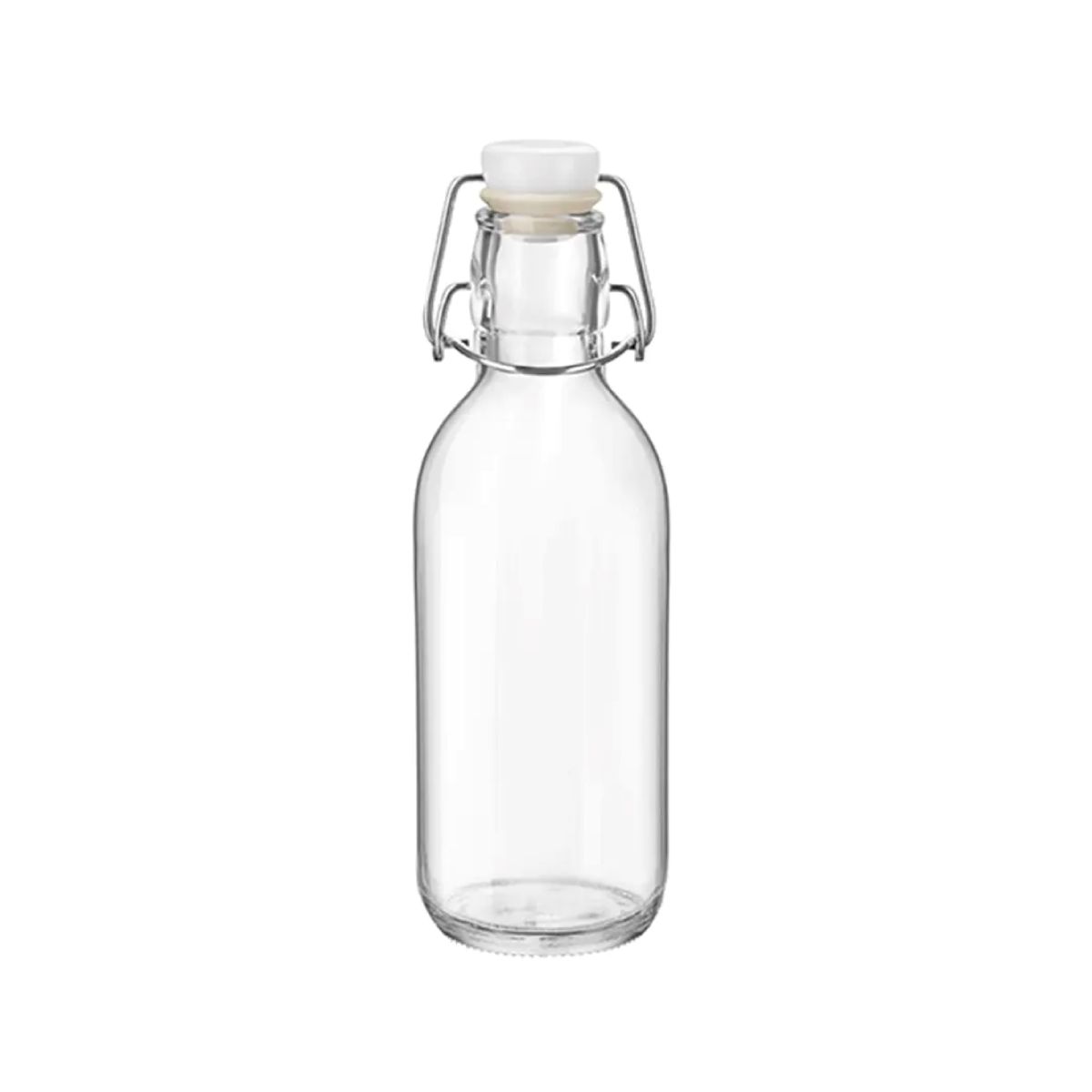 Klare Emilia-Flasche aus 0,5-Liter-Glas mit Bügelverschluss, direkt von vorne fotografiert.