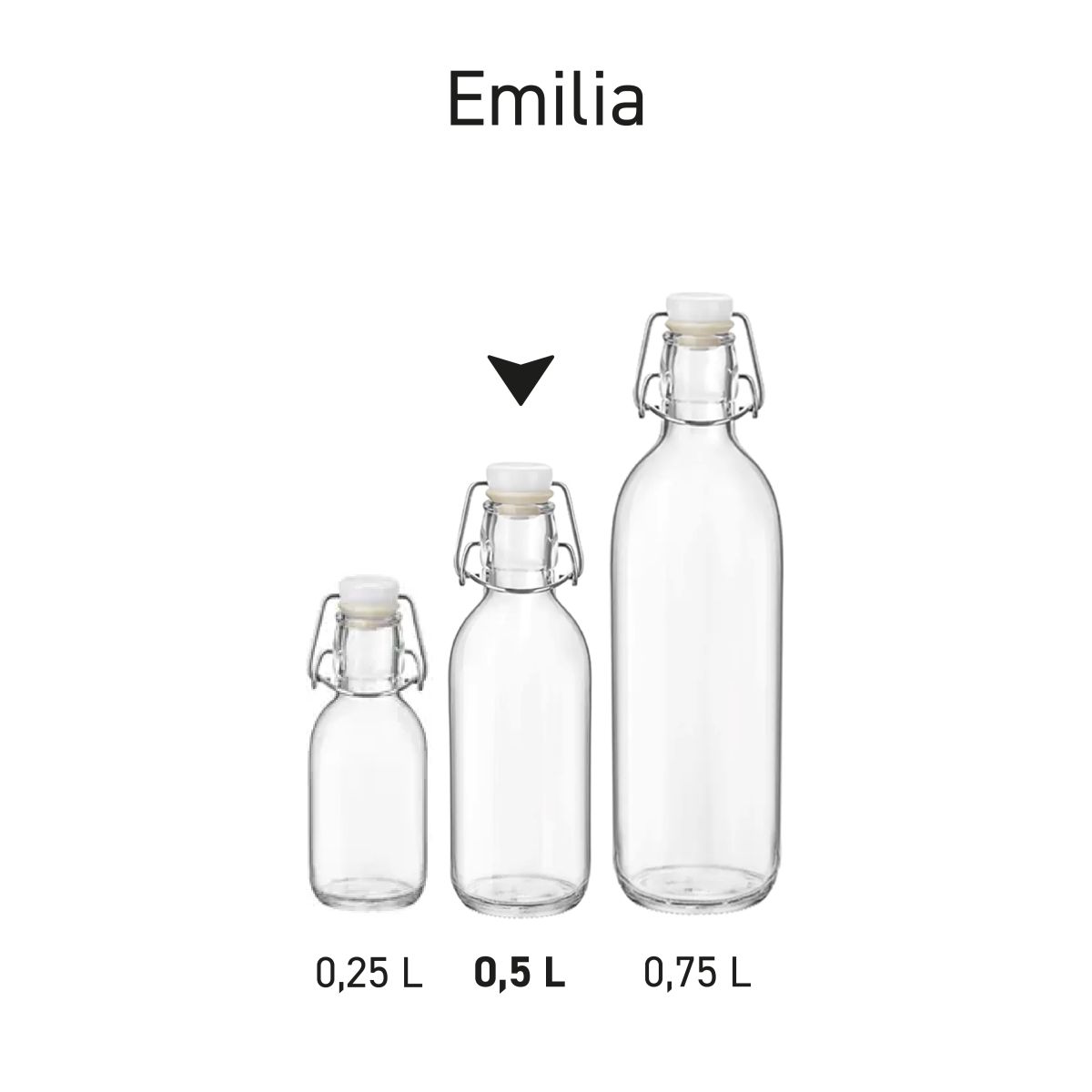 Emilia-Glasflaschen von 0,5 und 1 Liter, nebeneinander als Produktlinie dargestellt.