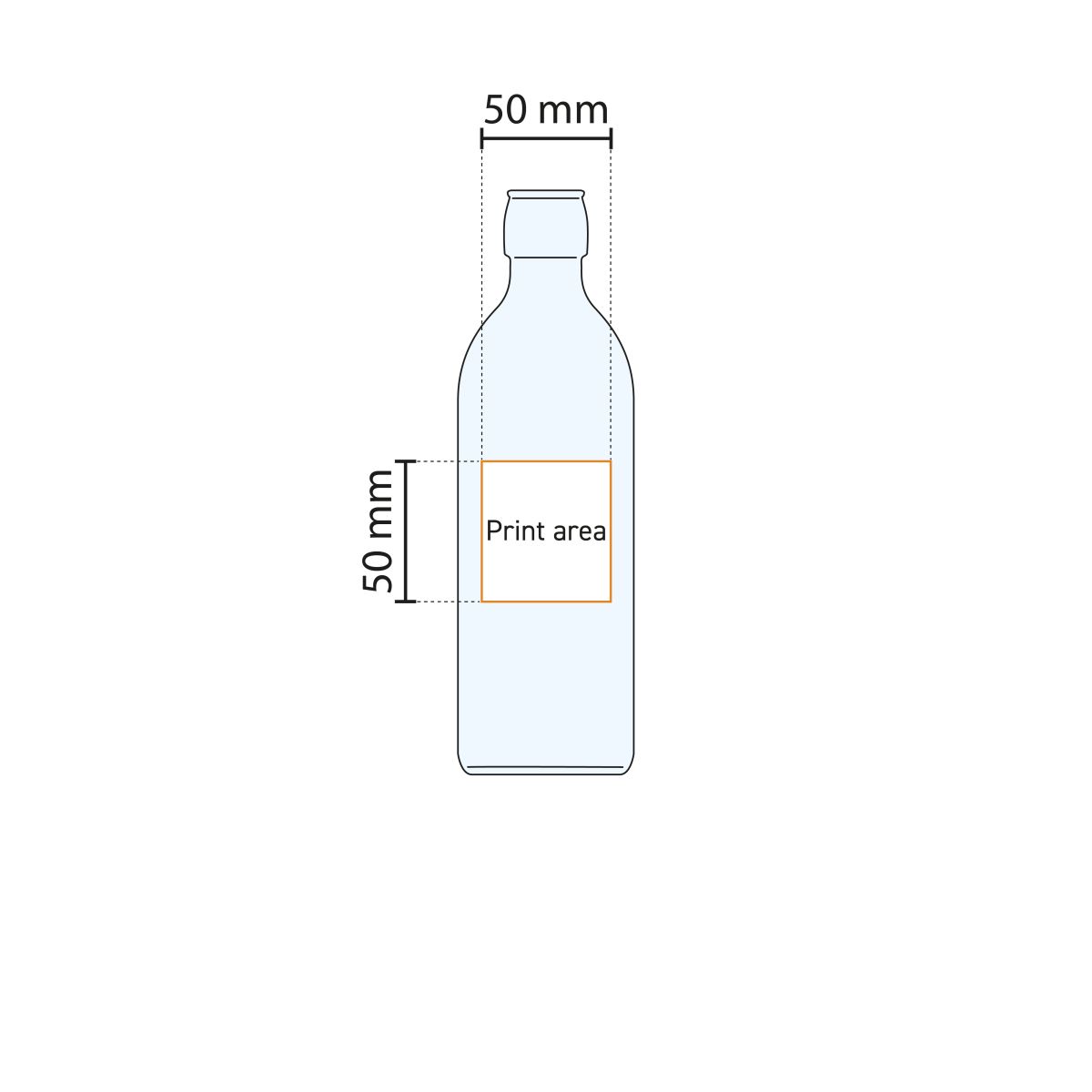 Arbeitszeichnung, die den Druckbereich der Emilia Bottle 1-Liter-Flasche anzeigt.