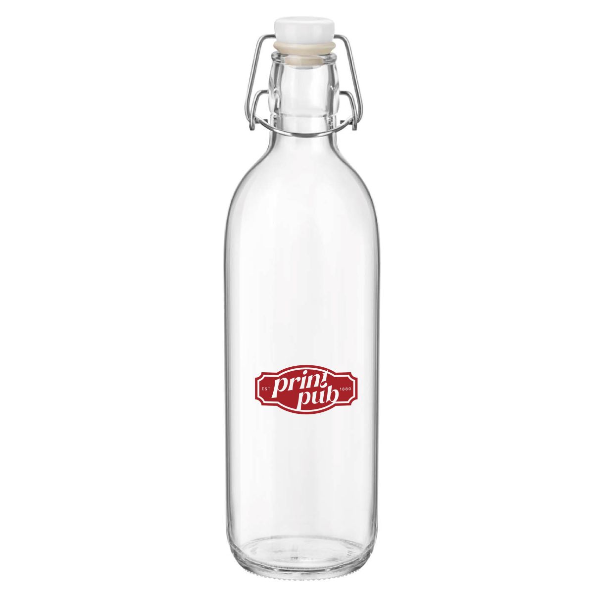 PrintPub-Logo in einer Farbe auf der Vorderseite der Glasflasche Emilia 1 Liter, zentriert auf der Oberfläche.