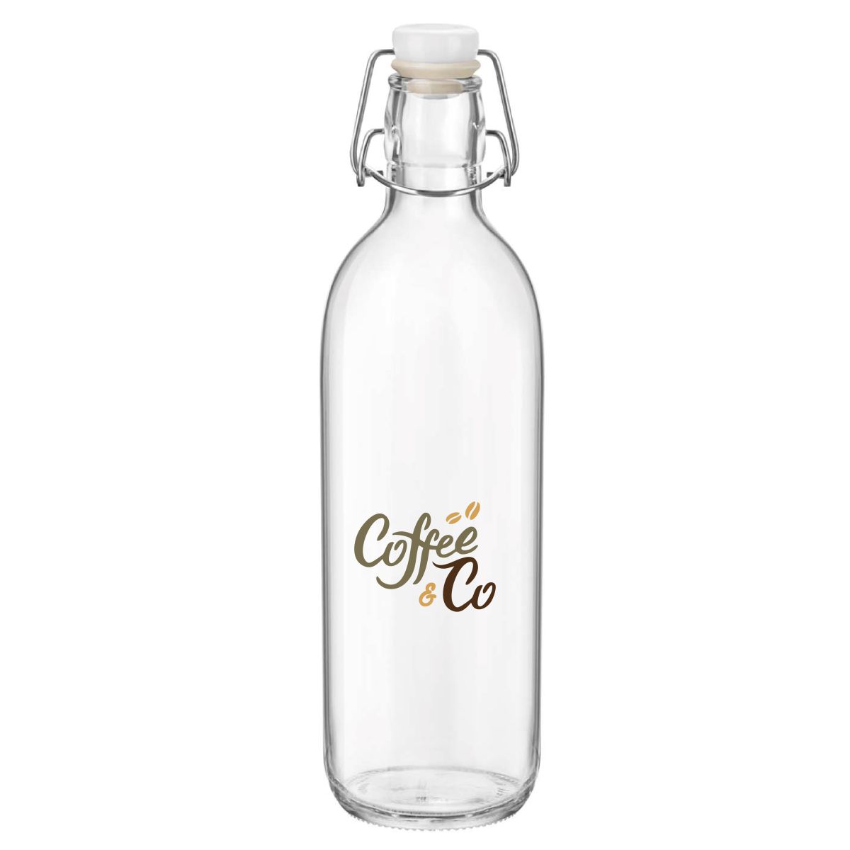 Vorderansicht der Emilia Bottle 1 Liter Glas mit CoffeeCo Logo in 2-4 Farben auf transparentem Glas.