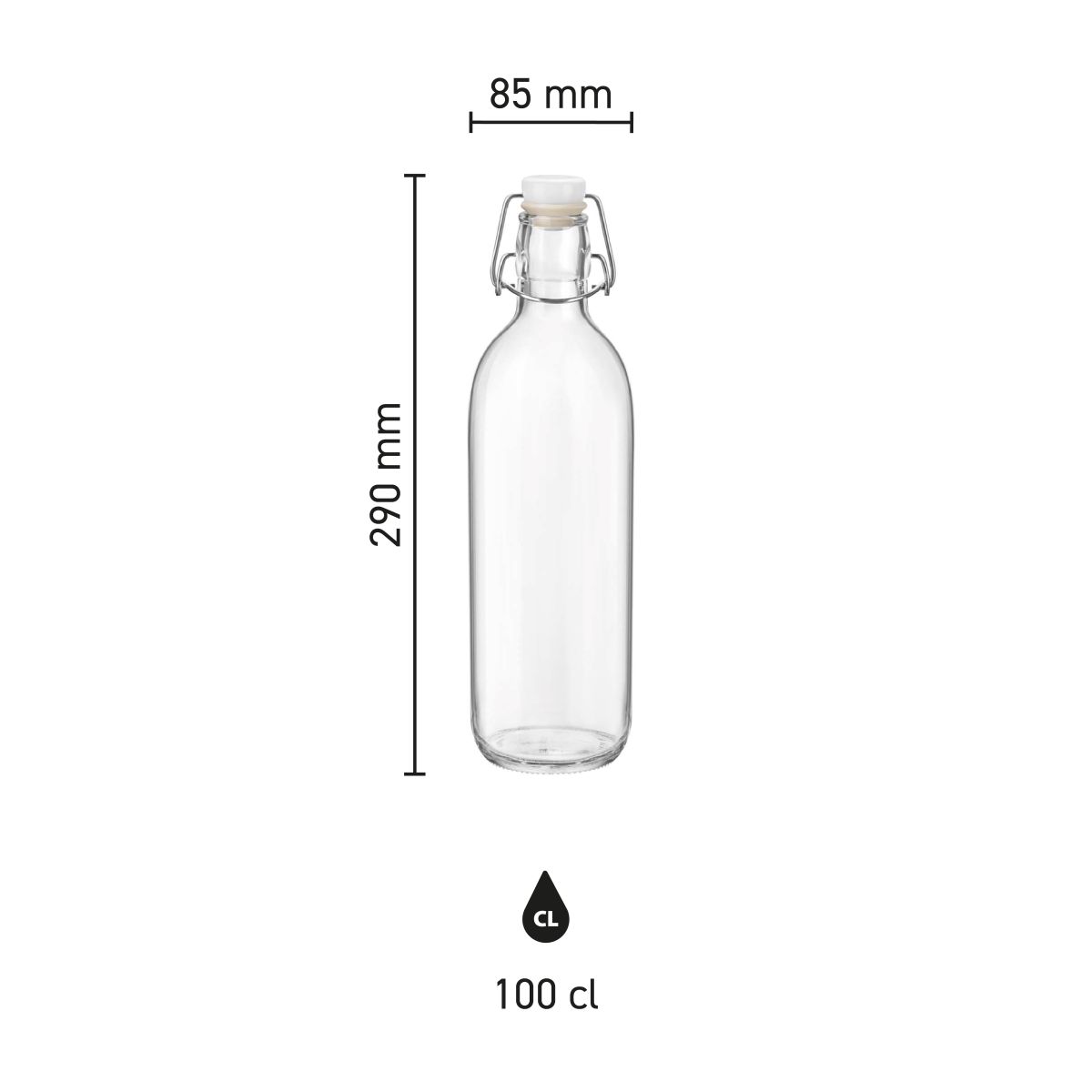 Übersicht über die Abmessungen der Glasflasche Emilia 1 Liter in übersichtlicher Infografik.