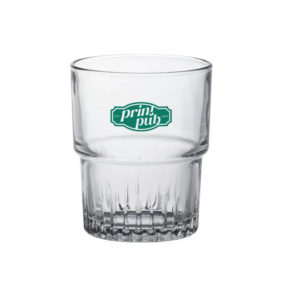 Empilable Tumbler 16 cl mit PrintPub Logo in einer Farbe zentriert auf der Glasoberfläche.