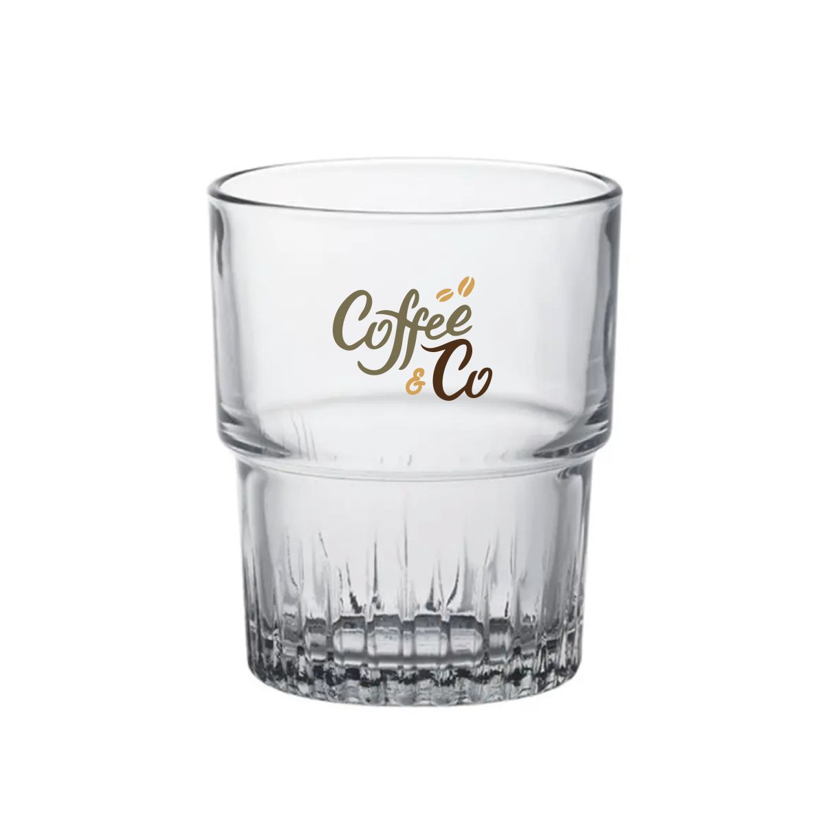 CoffeeCo-Logo in mehreren Farben auf der Vorderseite des stapelbaren Glases Empilable 16 cl.