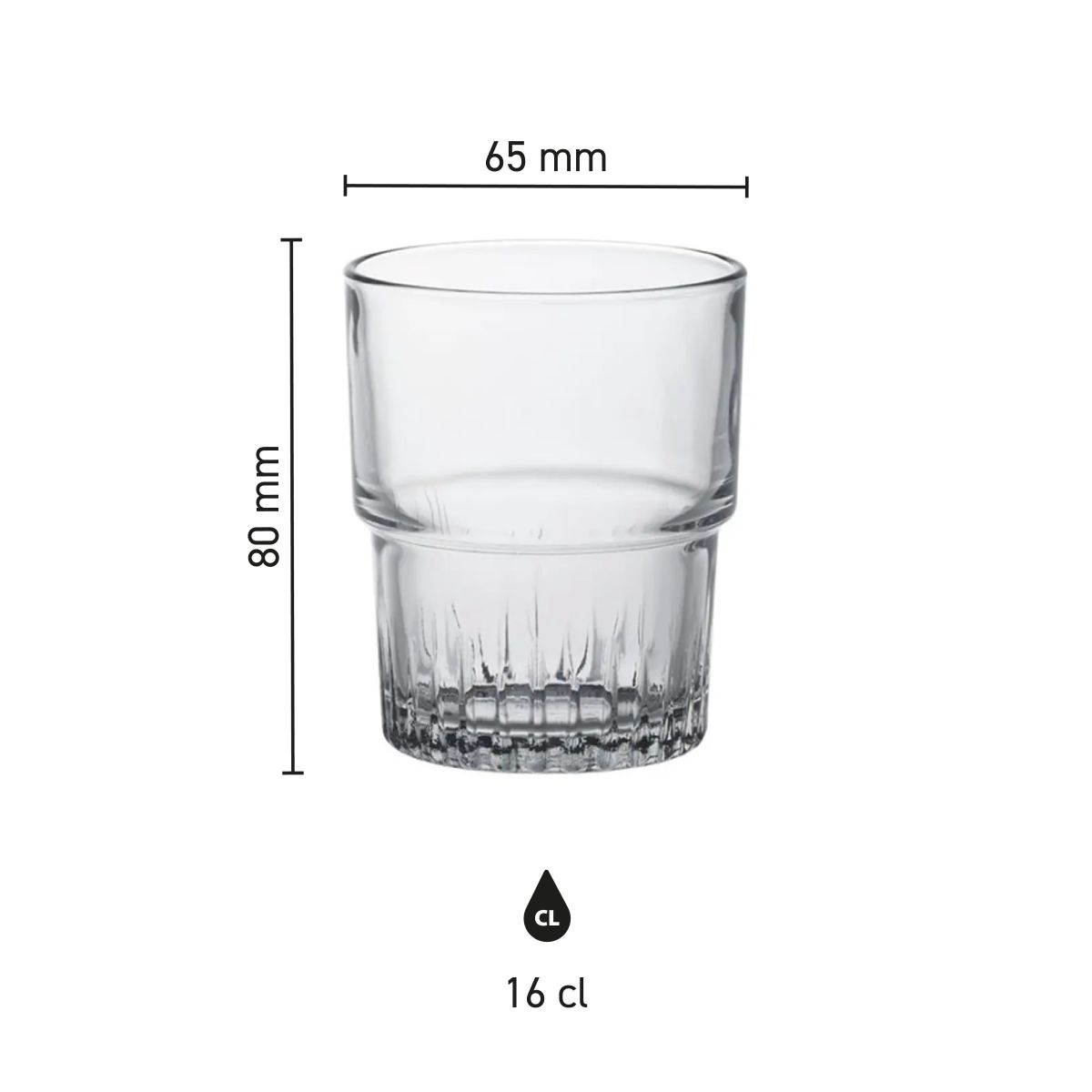 Die Infografik zeigt die Abmessungen des Empilable Tumbler 16 cl stapelbar Glas, einschließlich Durchmesser und Höhe.