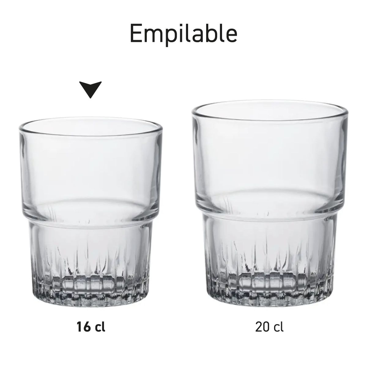 Serienansicht mit mehreren stapelbaren Empilable-Gläsern 16 und 20 cl in Anordnung.