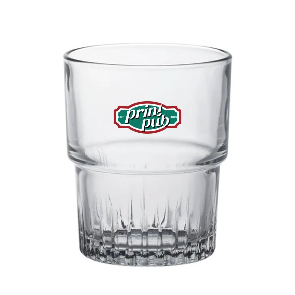 PrintPub-Logo in einer Farbe zentriert auf transparentem Empilable-Glas 20 cl in Vorderansicht.