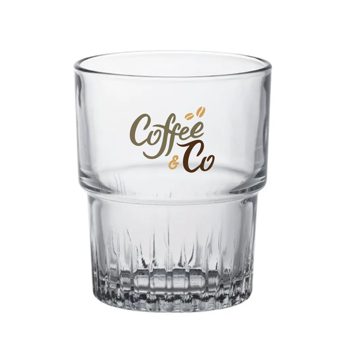 CoffeeCo-Logo in mehreren Farben auf der Vorderseite des Empilable-Glases 20 cl sichtbar.