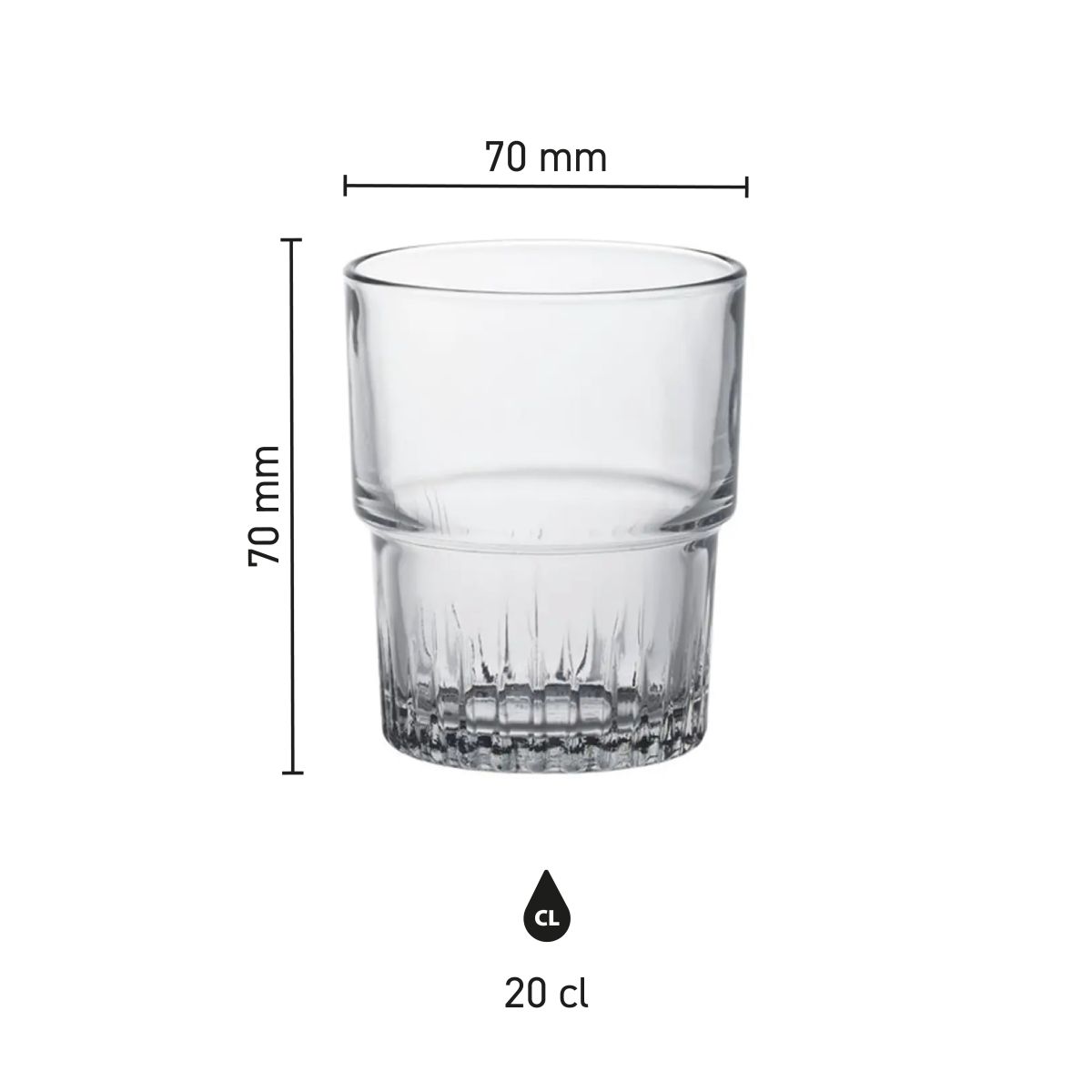 Die Infografik zeigt die genauen Abmessungen des Empilable Tumbler 20 cl stapelbar Glas.
