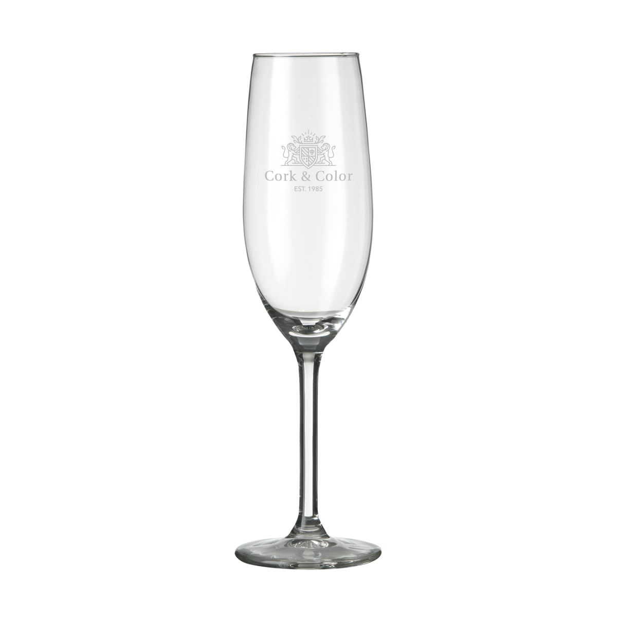 Gravur des CorkColor Logos auf der Vorderseite der Esprit Champagnerflöte 21 cl.