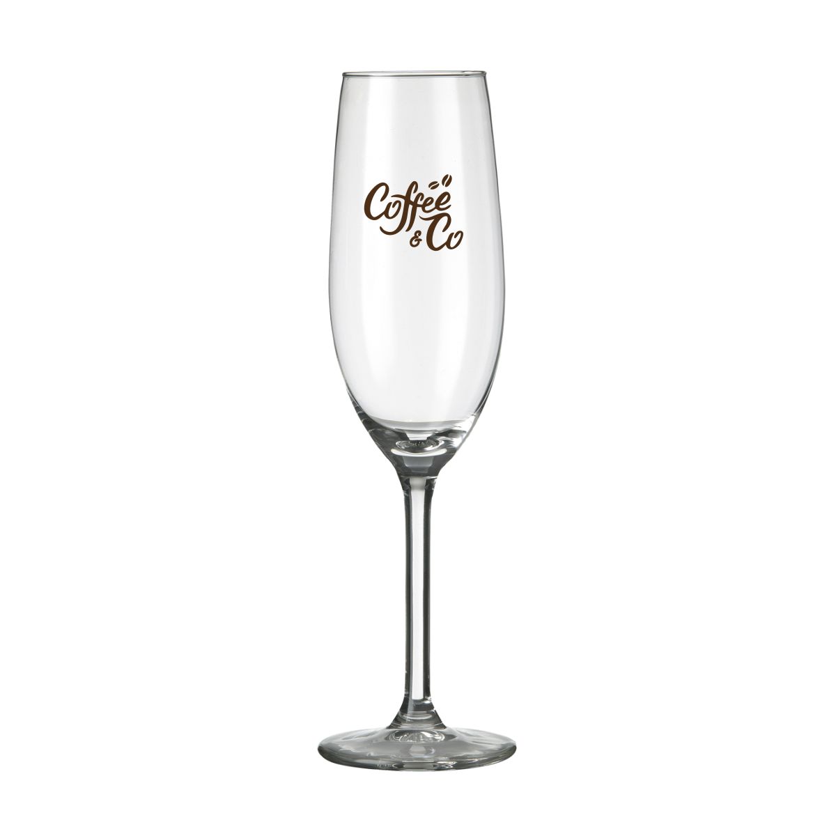 Vorderseite der Esprit Champagnerglas 21 cl. mit einfarbig gedrucktem CoffeeCo-Logo.