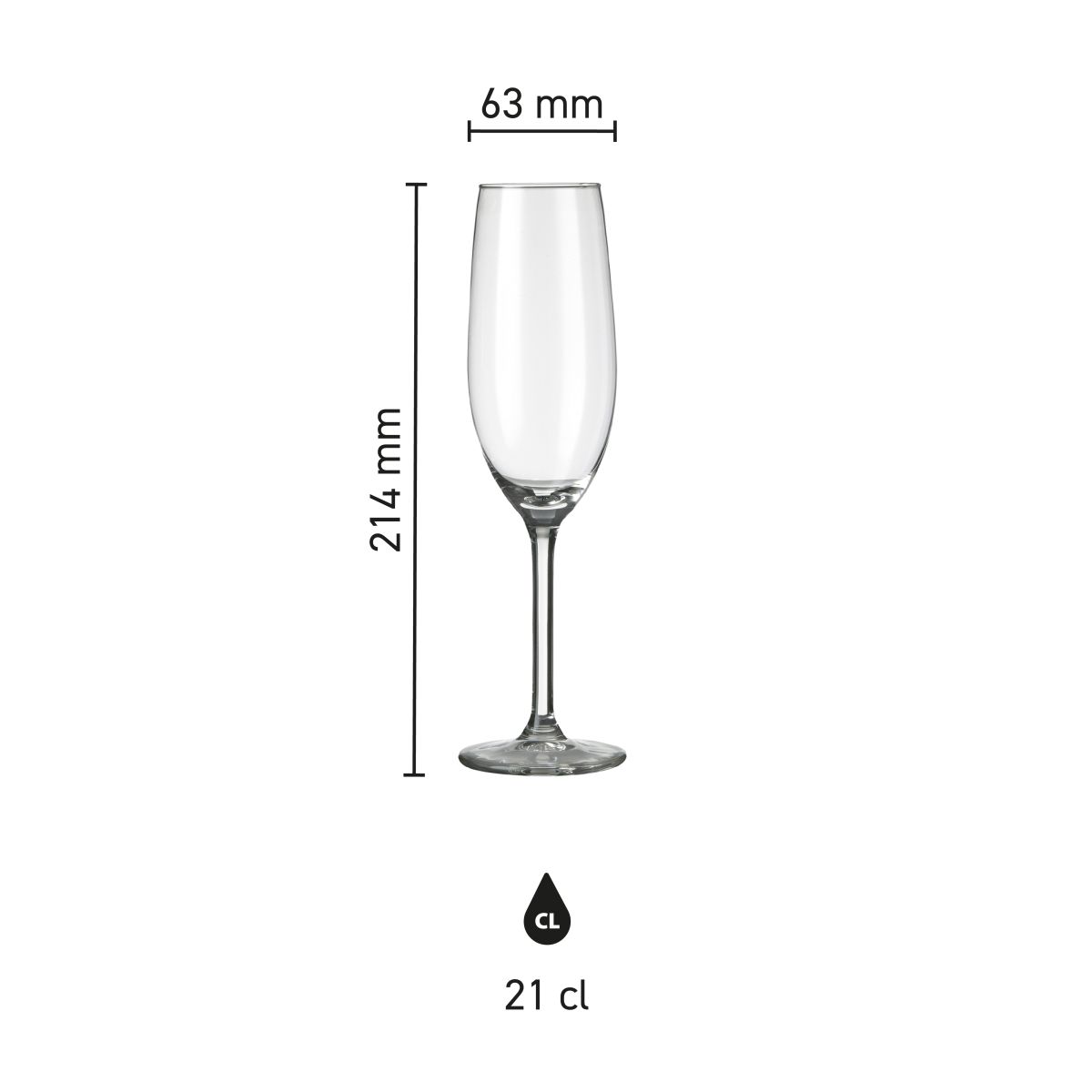 Technische Arbeitszeichnung mit Druckfläche der Esprit Champagnerglas 21 cl. Glas.