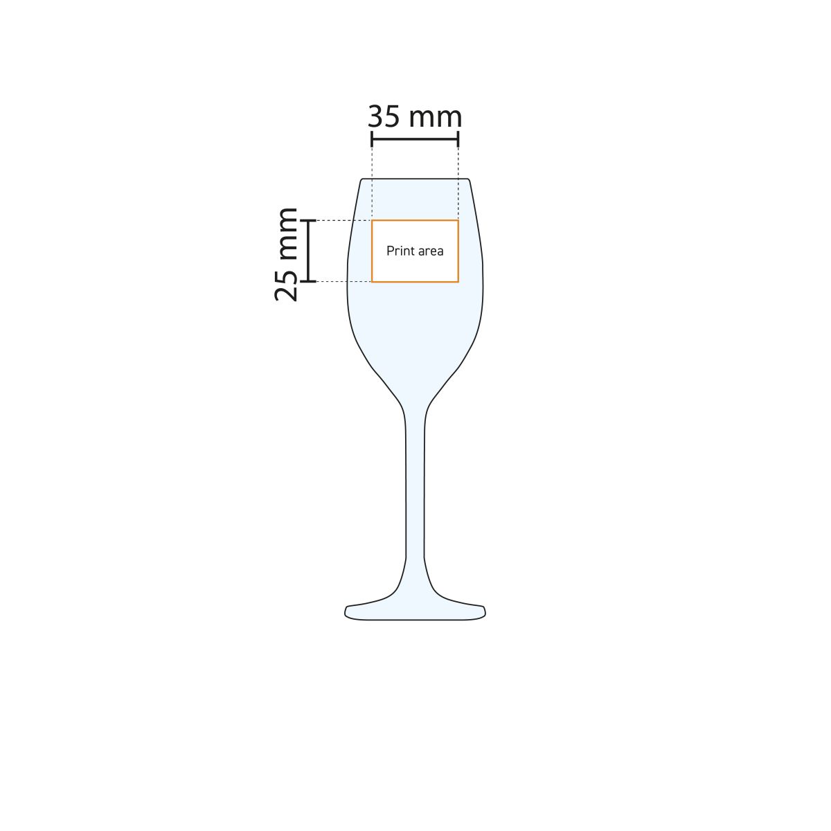 Technische Arbeitszeichnung mit Angabe des Druckbereichs auf dem Esprit 14 cl. Portglas.